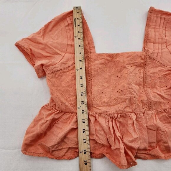 Midnight Sky Womens Size L Peach Orange Short Sleeve Linen Blend Crop Top Peplum - Picture 5 of 7